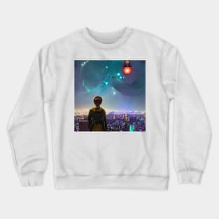 Warrior Looking at Spaceship Flying in Tokyo Japan Crewneck Sweatshirt